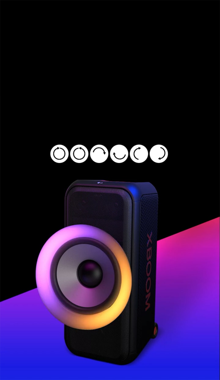 El texto se coloca en el área de color negro y se muestra el pictograma de los movimientos del anillo de iluminación multicolor: en el sentido de las agujas del reloj, en el sentido contrario a las agujas del reloj, semicírculo superior e inferior, semicírculo izquierdo y derecho y efecto de flash. El altavoz está colocado en un ángulo de 45 grados hacia la izquierda y hay un área de color violeta degradado debajo para fines de diseño. El woofer de 6.5 pulgadas es exagerado para resaltar sus diversos colores.