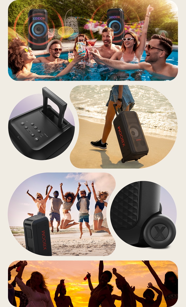 De arriba a abajo: Hay algunas personas bailando alrededor del altavoz. En el parque, un grupo de personas disfruta de la música con el altavoz. La última imagen muestra el primer plano de la parte superior del producto.