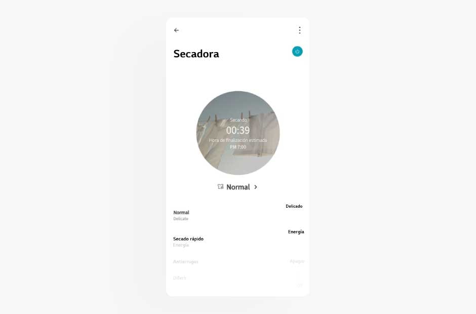 La imagen muestra la pantalla de una secadora en la aplicación LG ThinQ