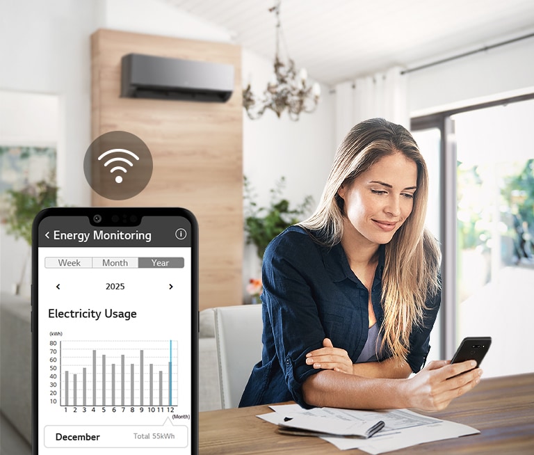 A woman is checking her phone with LG AC at the back. There is a bar graph showing the energy usage of the AC.