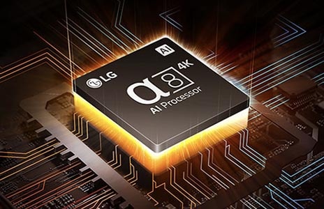 An alpha 8 AI Processor on top of a motherboard, emitting orange and yellow bolts of light.