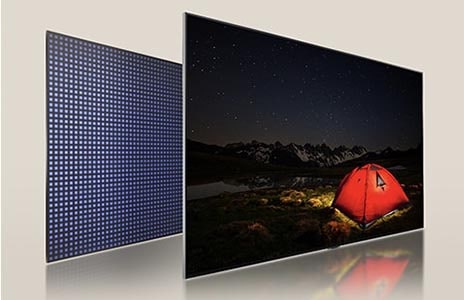 LG QNED TV slightly off to the side, revealing LG QNED TV's display and the backlight.