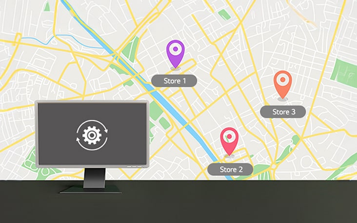 By marking stores on the map, it demonstrates the capability to remotely control signage in multiple locations from a single point, even if the stores are situated at different places.