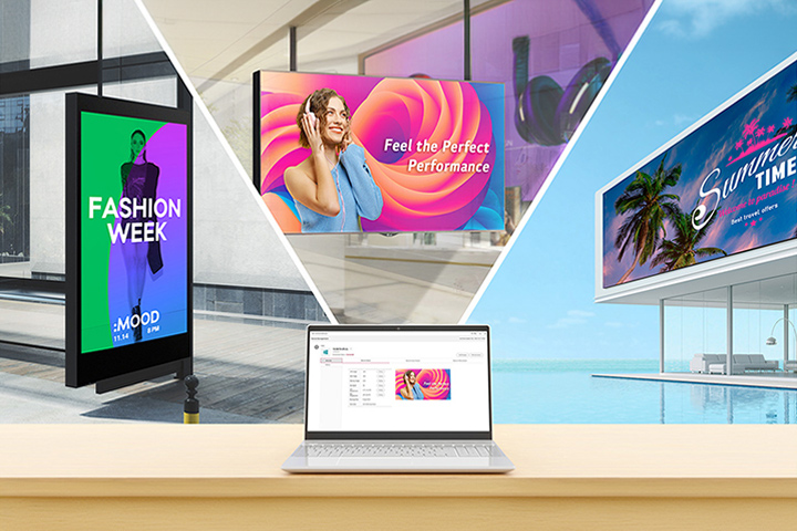 Signage at bus stops, retail shops, and large signs at resorts – different types of products installed in various locations can be easily managed using LG ConnectedCare, even from a laptop in a different space.