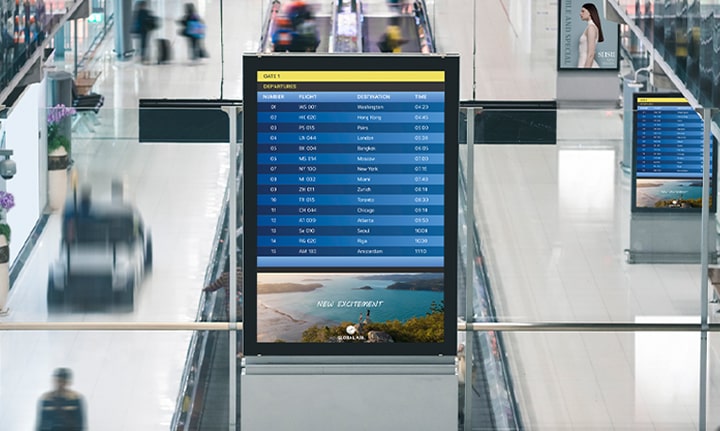 This image captures high brightness displays being used in an airport, operating 24/7.