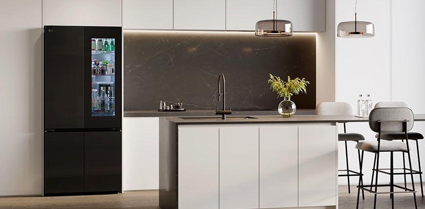 Completing the stylish kitchen space, the LG french door refrigerator with black mirror doors.