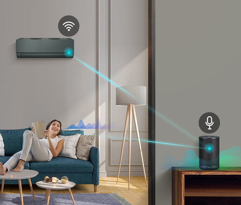 Three icons at the top indicate there are three images in a carousel. The first icon, labelled "Voice Control", is red. A man stands in a kitchen cooking. Sound wave lines appear next to him and then a line appears from him to the AI speaker on the counter and a microphone icon appears above the speaker. Sound wave lines then appear around the speaker and a line from the speaker to the oven. The Wifi icon appears above the oven.