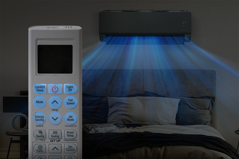 A dark image of a bed at night shows the air conditioner installed on the wall and blue air blowing out over the bed. In the foreground is the front of the remote control showing the buttons and temperature as they are highlighted in blue for easy viewing  in the dark.