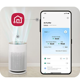 Airflow comes out of the PuriCare air purifier on the left, and the LG ThinQ logo is visible on top of it, and the LG ThinQ app screen on the right is linked to the mobile phone.