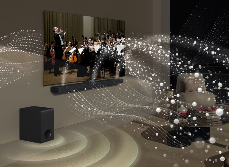 LG Soundbar, LG TV and a subwoofer are in a living room playing a musical performance. White droplets make waves of sound that shoot upwards and forward from the soundbar and project from the TV. A subwoofer is creating a sound effect from the bottom.