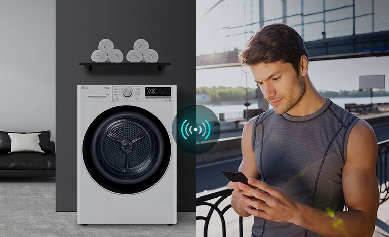 Three icons at the top indicate there are three images in a carousel. The first icon, labelled "Remote Control", is red. An image on the left shows the dryer. An image on the right shows a man looking down at his phone from outside. In the center is a connectivity icon showing a control the dryer through app.