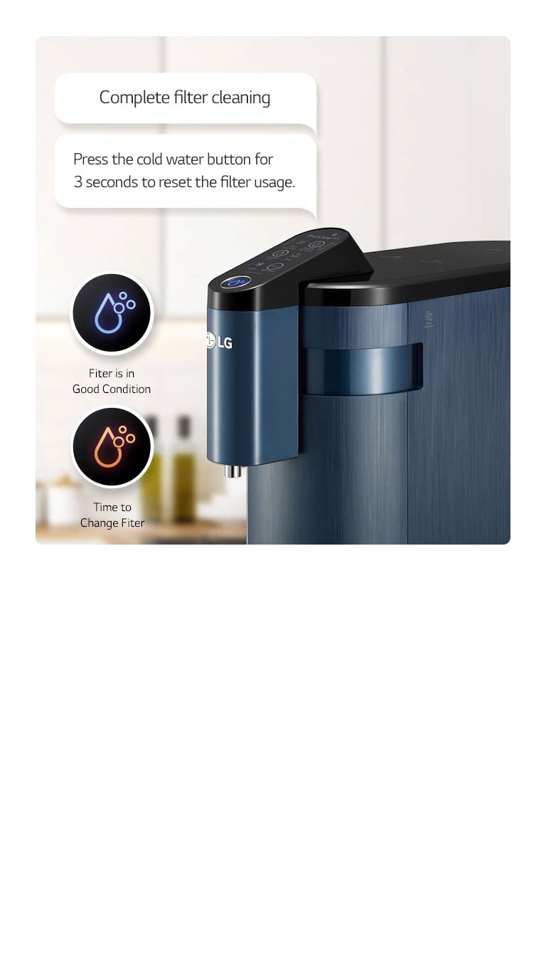 There is a water purifier in what is seen as a kitchen, a cold water hot water icon on the left, and a speech bubble