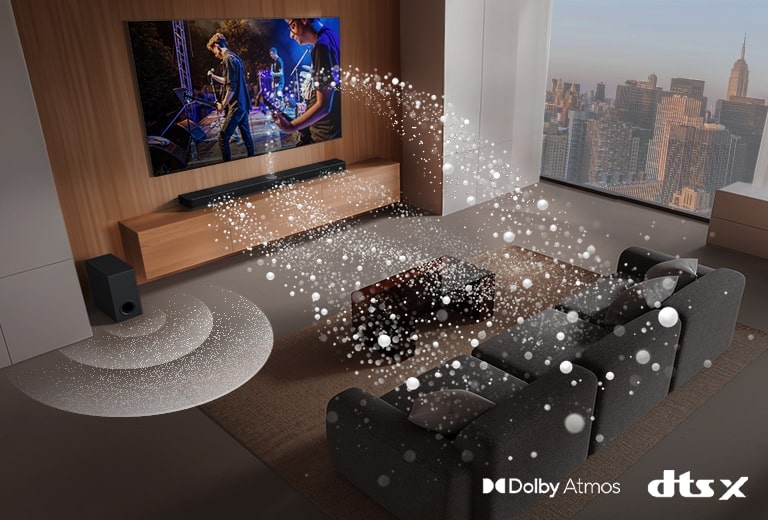 LG Soundbar, LG TV and a subwoofer are in a living room of a skyscraper, playing a musical performance. White soundwaves made up of droplets project from the soundbar, looping around the sofa. A subwoofer is creating a sound effect from the bottom. Dolby Atmos logo DTS X logo