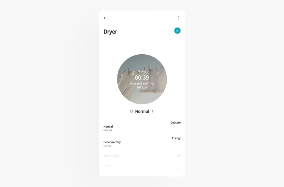 Image shows the dryer screen in the LG ThinQ app Image shows the dryer screen in the LG ThinQ app