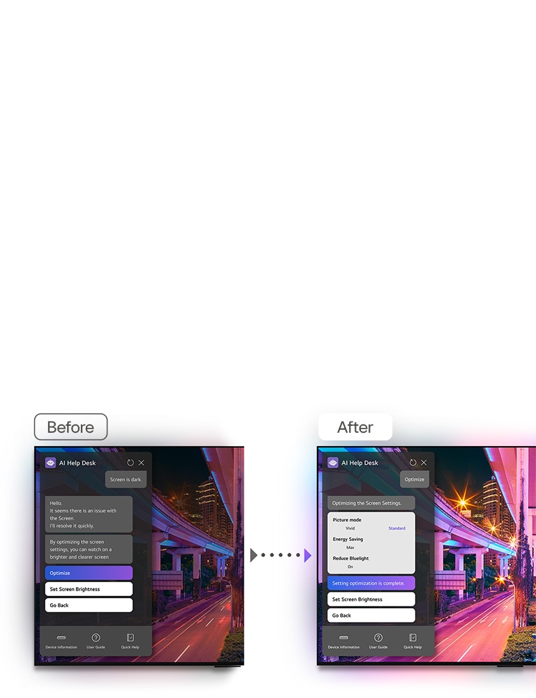 Before and After images of an LG TV are displayed side by side. The Before screen has a dark picture with a popup for the AI Help Desk. The user writes in the chat, &quot;Screen is dark.&quot; The reply says, &quot;Hello, it seems there is an issue with the screen. I'll resolve it quickly. By optimizing the screen settings, you can watch on a brighter and clearer screen.&quot; The user clicks on the Optimize button. The After screen has a brighter and clearer picture. The AI Help Desk chat popup says, &quot;Optimizing the Screen Settings. Picture mode = vivid. Energy saving = max. Reduce blue light = on. Setting optimization is complete.&quot;