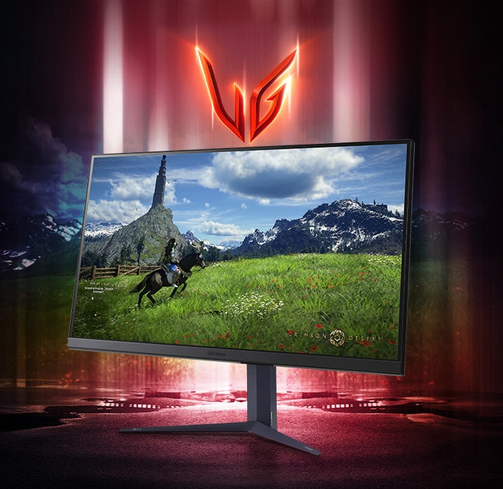 UltraGear™ gaming monitor with the image of a man riding a horse.