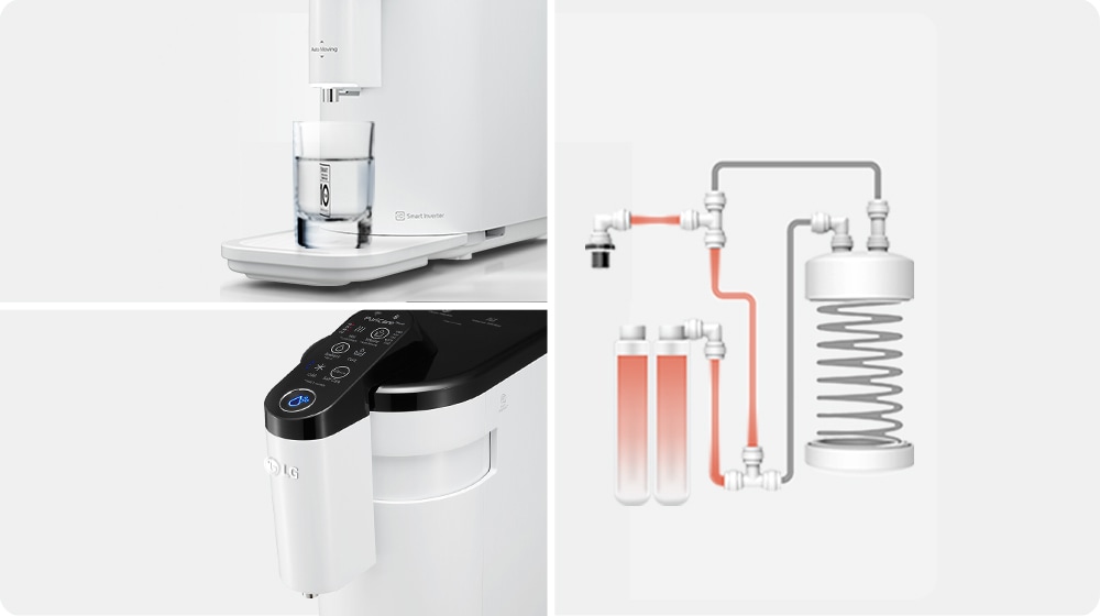 The image is divided into three image cuts, one on the left and one on the right, the bottom water cup on the right, and the top of the water purifier on the bottom Also on the right side of the image is an illustration of the water purifier filtering