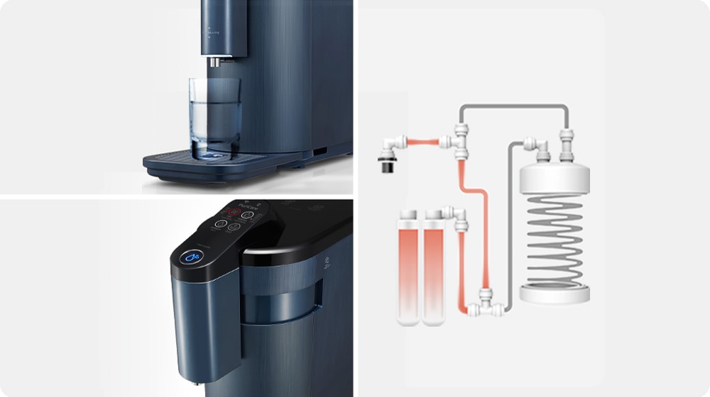 The image is divided into three image cuts, one on the left and one on the right, the bottom water cup on the right, and the top of the water purifier on the bottom Also on the right side of the image is an illustration of the water purifier filtering