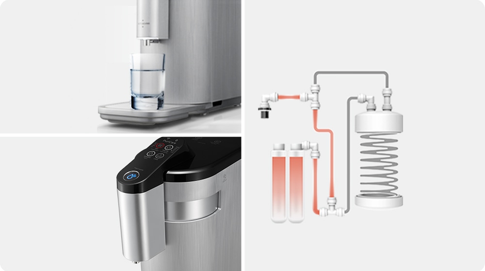 The image is divided into three image cuts, one on the left and one on the right, the bottom water cup on the right, and the top of the water purifier on the bottom Also on the right side of the image is an illustration of the water purifier filtering