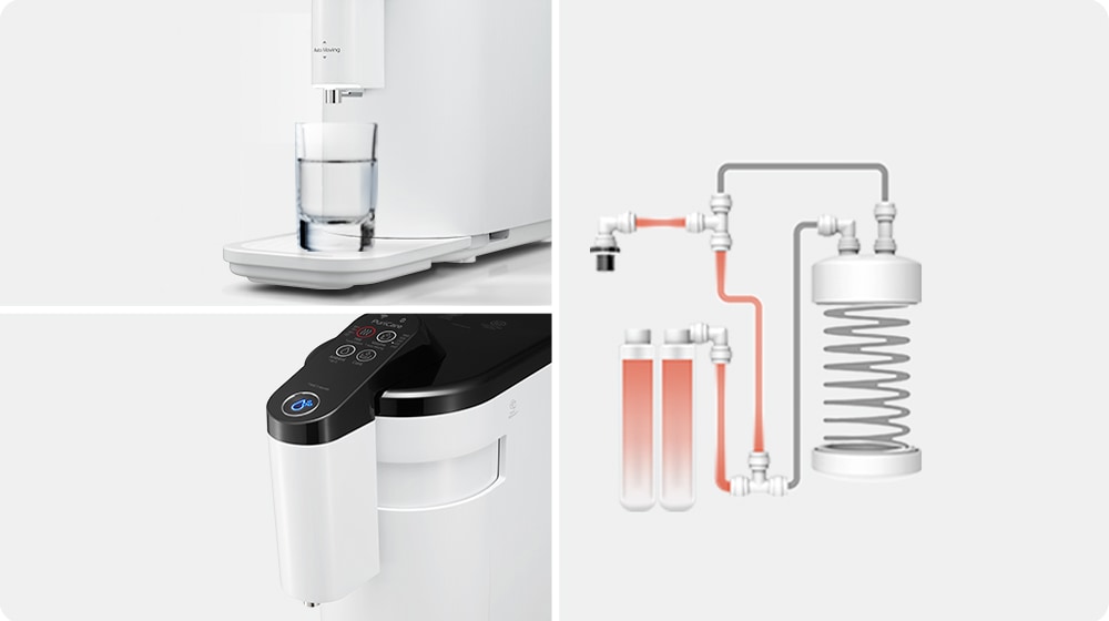 The image is divided into three image cuts, one on the left and one on the right, the bottom water cup on the right, and the top of the water purifier on the bottom Also on the right side of the image is an illustration of the water purifier filtering