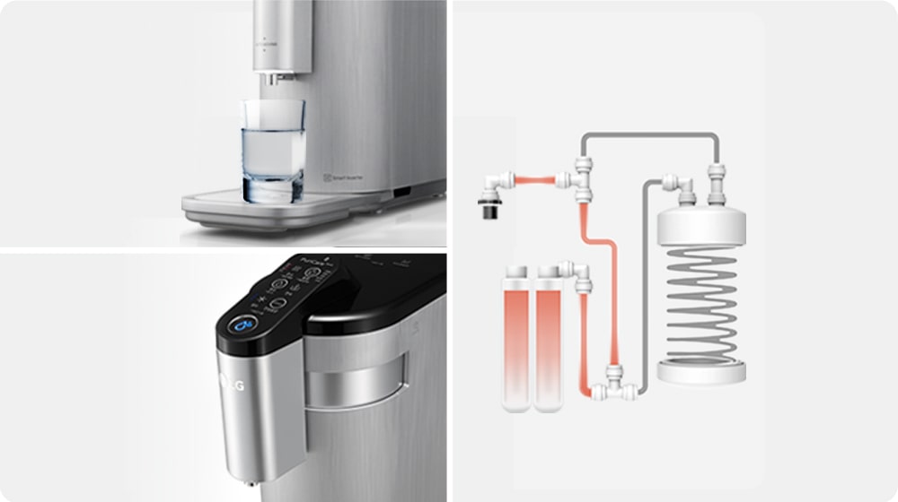 The image is divided into three image cuts, one on the left and one on the right, the bottom water cup on the right, and the top of the water purifier on the bottom Also on the right side of the image is an illustration of the water purifier filtering