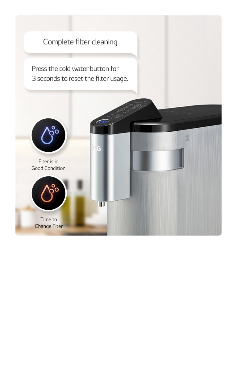 There is a water purifier in what is seen as a kitchen, a cold water hot water icon on the left, and a speech bubble