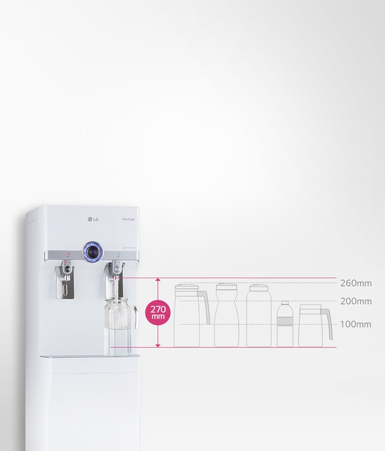 Image showing that the water dispenser can accept water bottles up to 270mm.