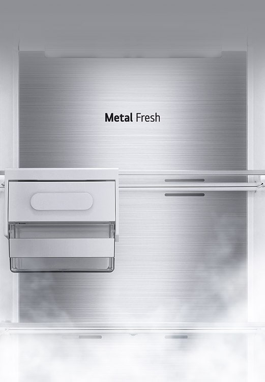 The interior of the fridge is shown empty with the wine rack and shelf in place and the back which is labeled &quot;Metal Fresh&quot;.