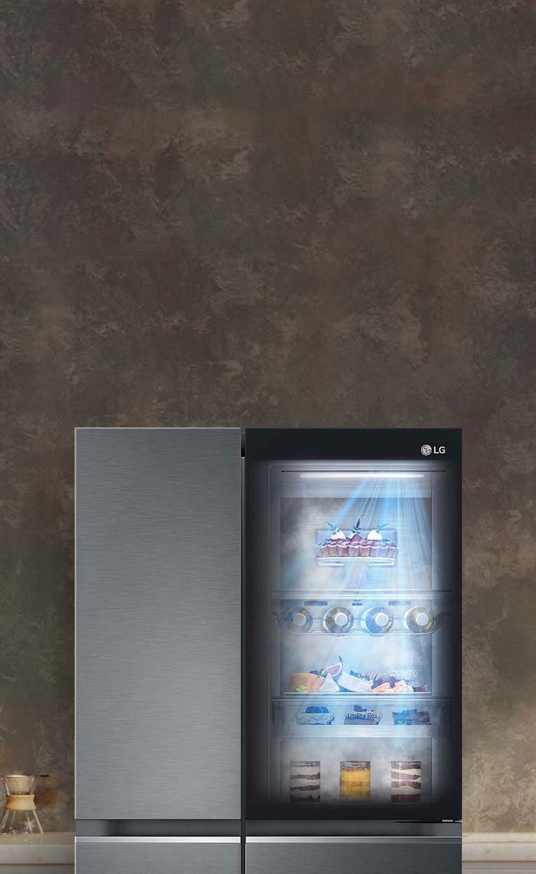 The front view of a black InstaView refrigerator with the light on inside. The contents of the refrigerator can be seen through the InstaView door. Blue rays of light shine down over the contents from the Door Cooling+ function.