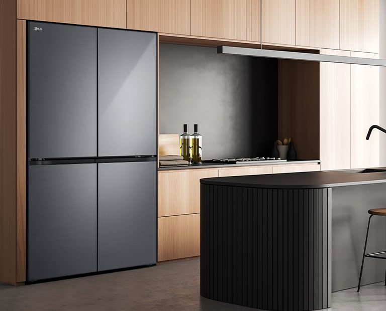 Modern kitchen interior with InstaView fridge.