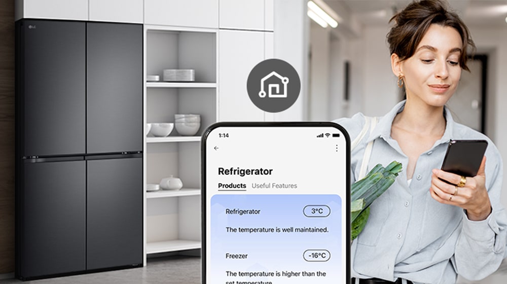 Image on the right shows a woman with a shopping basket looking at her cell phone. Image on the left shows the refrigerator front view. In the center of the images is an icon to show connectivity between the phone and refrigerator.