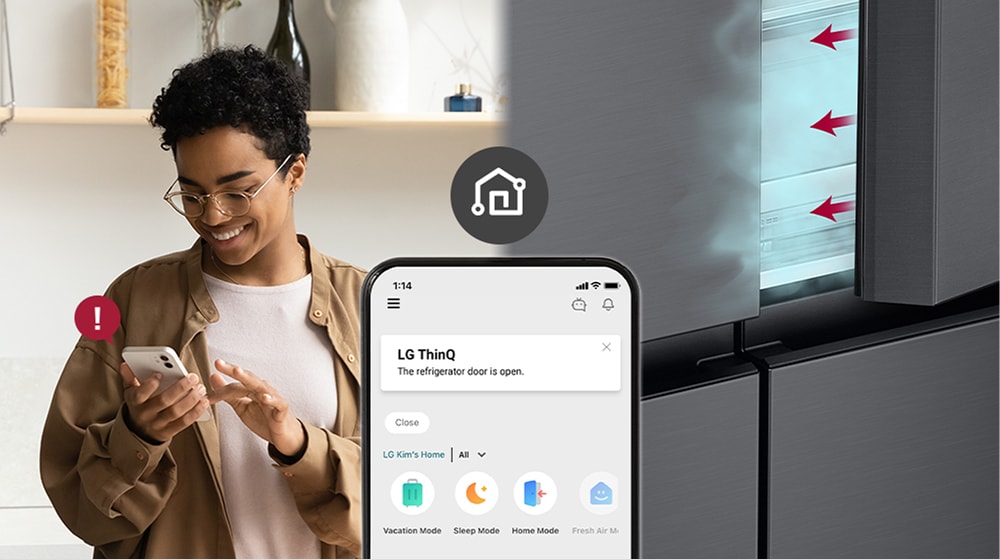 The image on the left shows the woman looking at the smartphone. The image on the right shows that the refrigerator door has been left open. In the foreground of the two images is the phone screen which shows the LG ThinQ app notifications and the Wi-Fi icon above the phone.