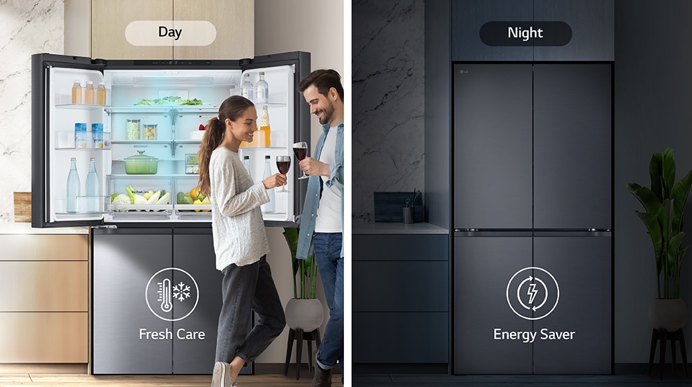 The image on the left shows a couple holding glasses during the day in front of an open refrigerator. Only one side of the refrigerator is open, and blue cold air is flowing out of the refrigerator. The thermometer icon, which means cold air, is located below the image. The image on the right shows the refrigerator in the kitchen on a dark night. Below the image is an electric icon, which means energy saving.