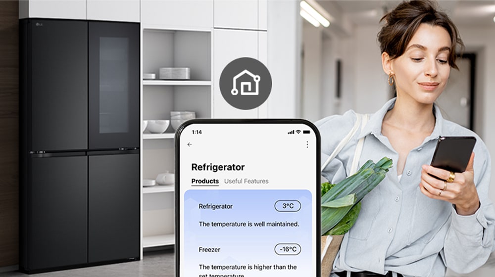 Image on the right shows a woman with a shopping basket looking at her cell phone. Image on the left shows the refrigerator front view. In the center of the images is an icon to show connectivity between the phone and refrigerator.