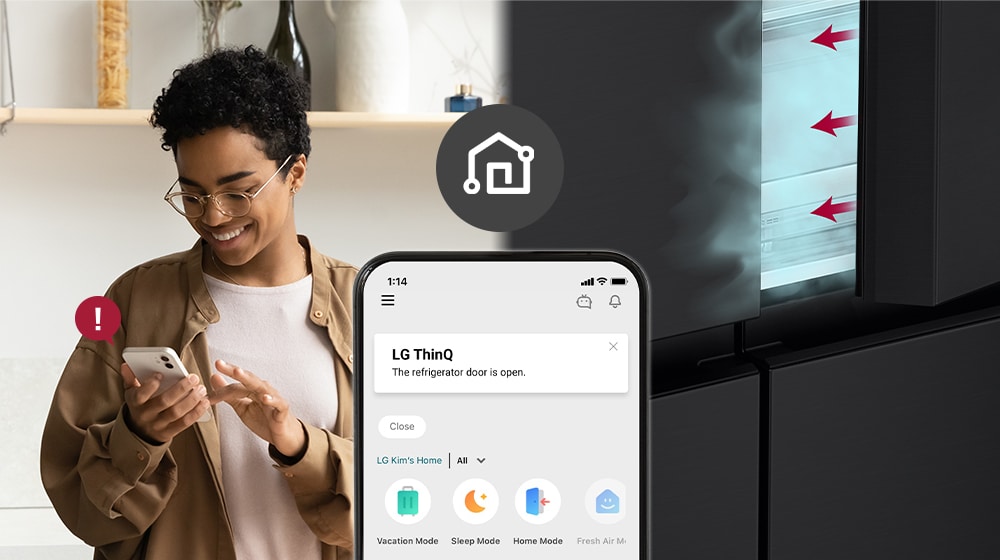 The image on the left shows the woman looking at the smartphone. The image on the right shows that the refrigerator door has been left open. In the foreground of the two images is the phone screen which shows the LG ThinQ app notifications and the Wi-Fi icon above the phone.