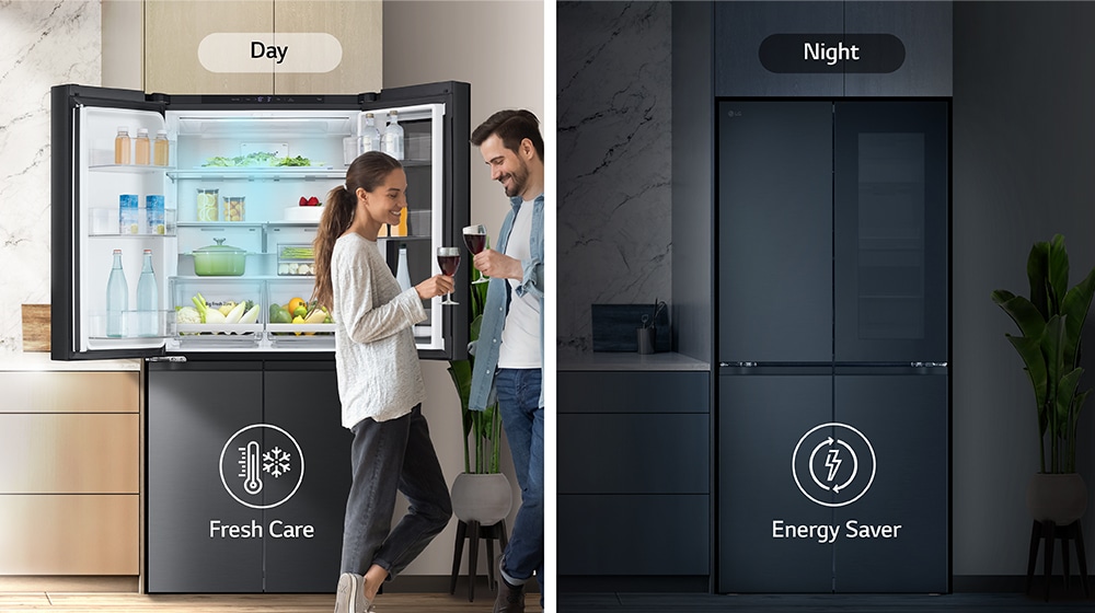 The image on the left shows a couple holding glasses during the day in front of an open refrigerator. Only one side of the refrigerator is open, and blue cold air is flowing out of the refrigerator. The thermometer icon, which means cold air, is located below the image. The image on the right shows the refrigerator in the kitchen on a dark night. Below the image is an electric icon, which means energy saving.