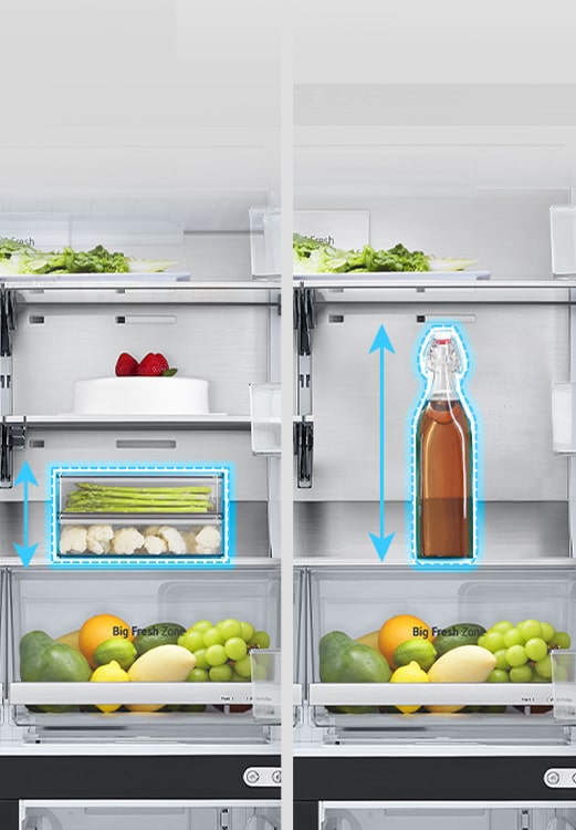 On the left, a shelf was spread out inside the refrigerator and a low food container was placed, and on the right, the shelf was folded in the same position and a high bottle was placed.