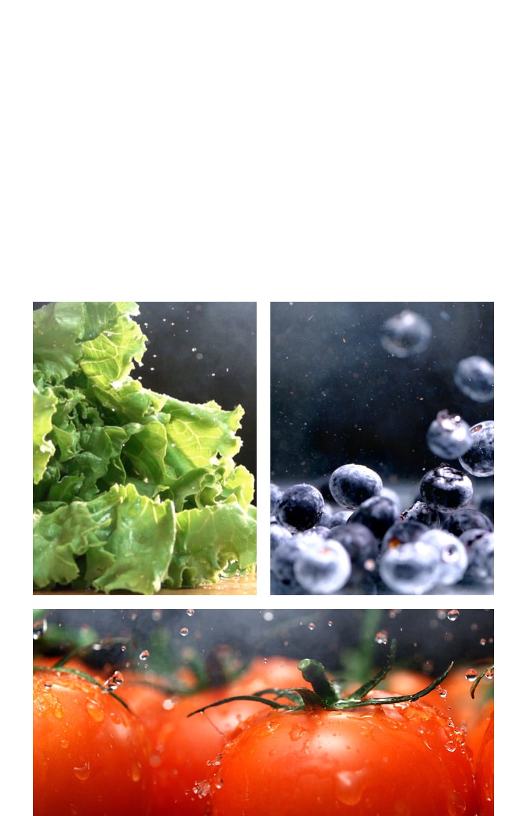 An close up video of water dripping from crisp green lettuce is next to a close up video of water falling on fresh red tomatoes, is next to a video of bright wet blueberries moving around.