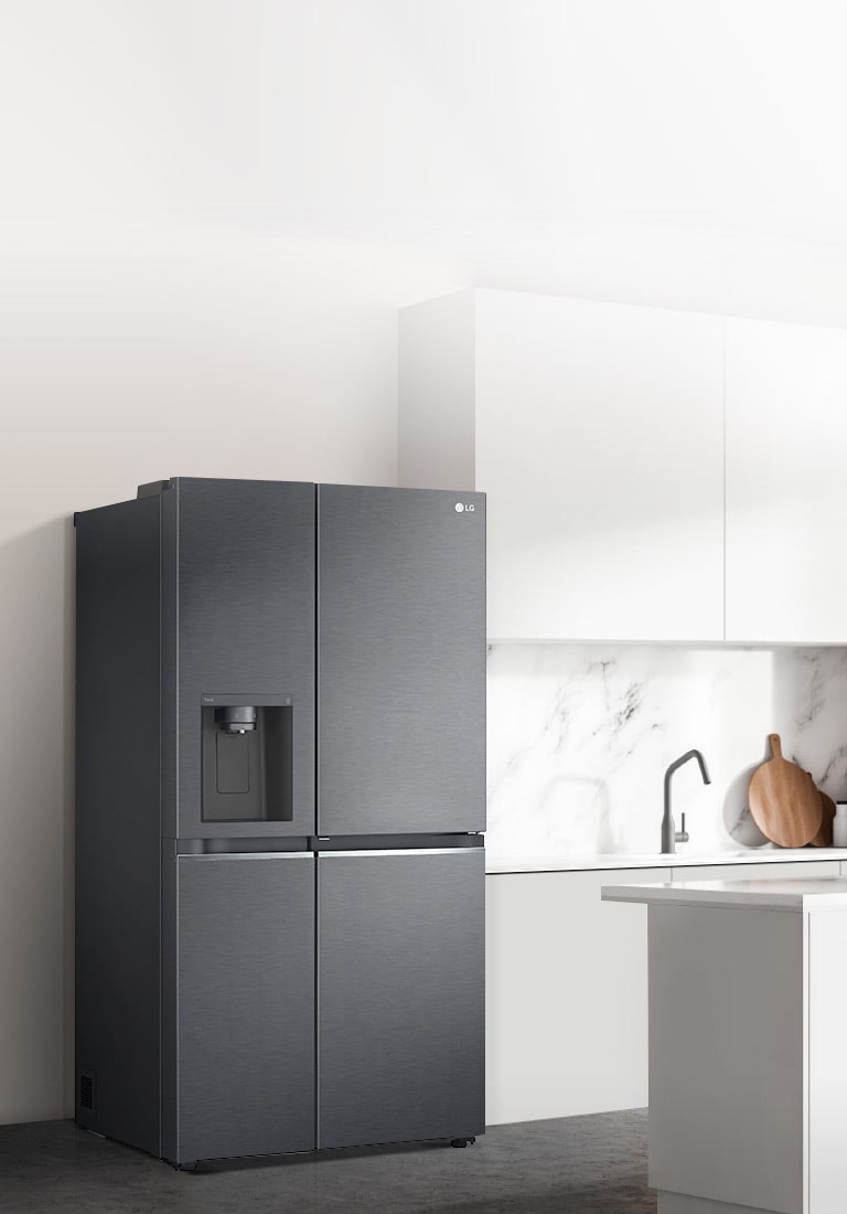 A side view of a kitchen with a black InstaView refrigerator installed.