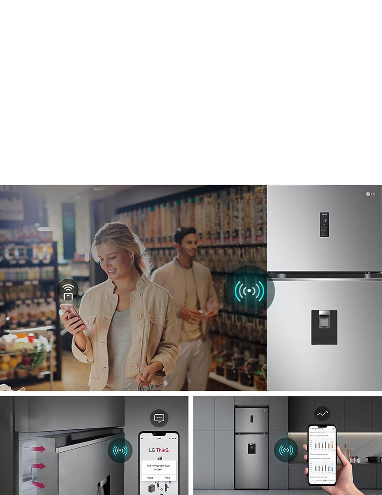 This image is a combination of images describing three different functions. It combines images of remote control through WiFi-enabled devices, smart alerts through the smartphone app when the refrigerator door is opened, and images of refrigerator status being monitored through the smartphone app.