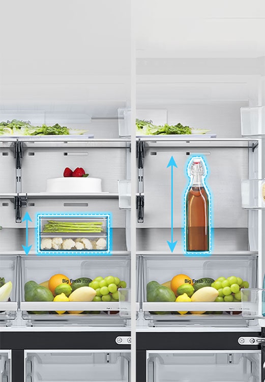 On the left, a shelf was spread out inside the refrigerator and a low food container was placed, and on the right, the shelf was folded in the same position and a high bottle was placed.