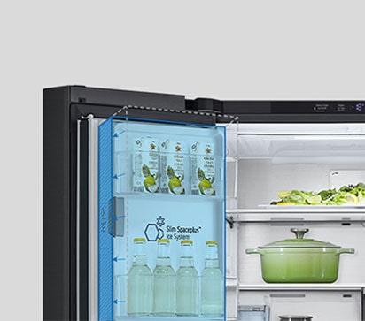 Inside the refrigerator, a slim indoor ice maker is highlighted in blue and the refrigerator is full of ingredients