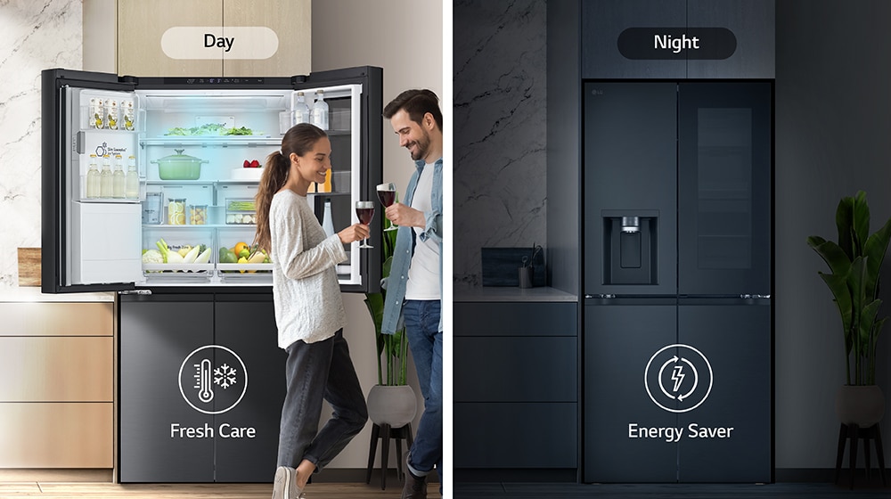 The image on the left shows a couple holding glasses during the day in front of an open refrigerator. Only one side of the refrigerator is open, and blue cold air is flowing out of the refrigerator. The thermometer icon, which means cold air, is located below the image. The image on the right shows the refrigerator in the kitchen on a dark night. Below the image is an electric icon, which means energy saving.