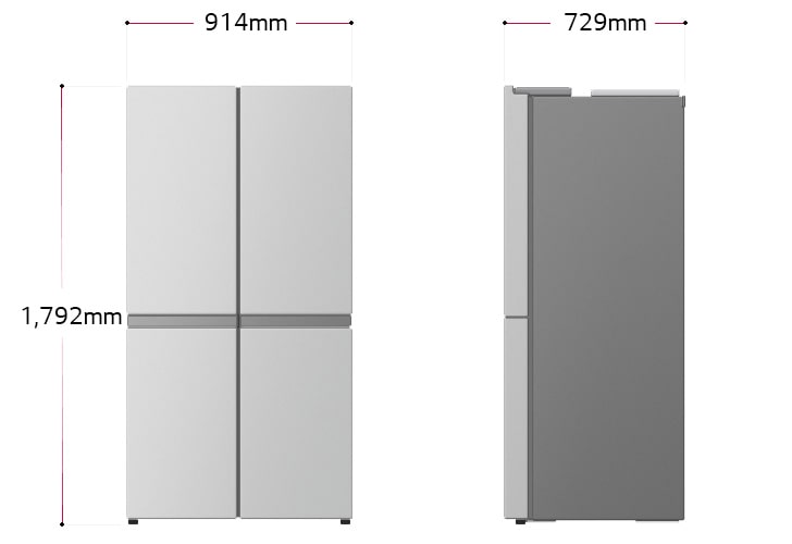 The model image of the LG's new French door refrigerator. W means Width, H means Height, D means Depth.