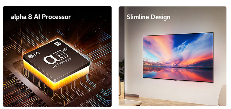 An image of the alpha 8 AI Processor on top of a motherboard, emitting orange bolts of light. An image of the OLED TV with the OLED Care menu is selected in the support menu that is up on the screen. A side view of the slimline design as it is placed flat against the wall in a modern living space.