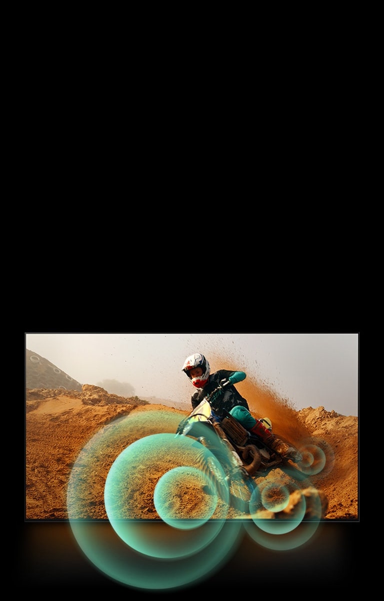 An image of a man riding a motorbike on a dirt track with bright circle graphics around the motorbike.