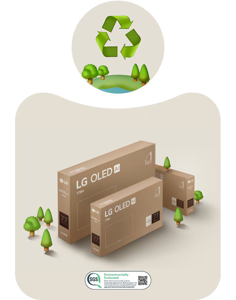 An image of LG OLED packaging against a beige background with illustrated trees.