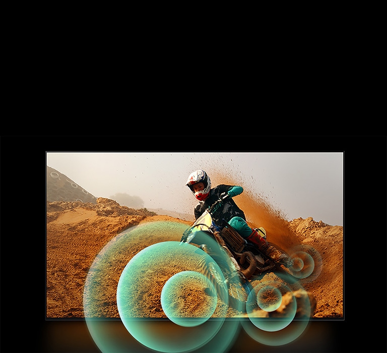 An image of a man riding a motorbike on a dirt track with bright circle graphics around the motorbike.