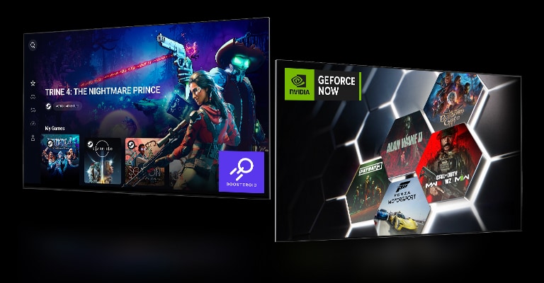 An image of the Boosteroid home screen showing "Trine 4: The Nightmare Price" and another image of GeForce NOW home screen showing five different game thumbnails.