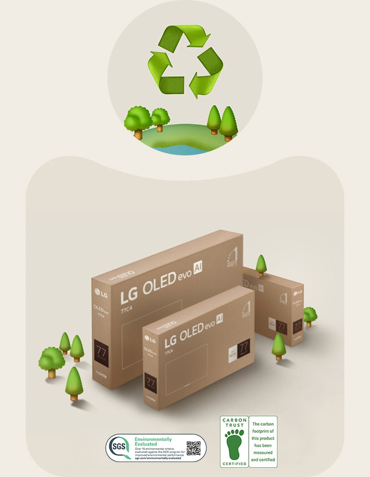 An image of LG OLED packaging against a beige background with illustrated trees.